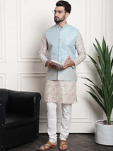 Image of Sojanya (Since 1958 Men'S Silk Blend Kurta Pyjama & Nehru Jacket Combo