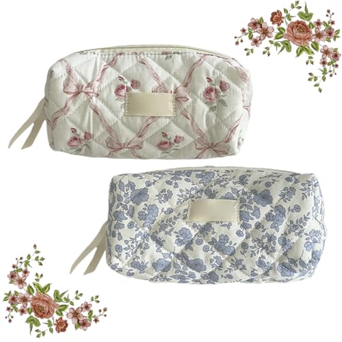 2 Stück blumens Federmäppchen Mädchen, Federtasche Mit Reißverschluss, Weit Zu Öffnendes Mäppchen Aesthetic, Niedlich Gestepptes Federmäppchen, Weiche Kosmetiktasche, Für Stifte, Radiergummis, Pinsel