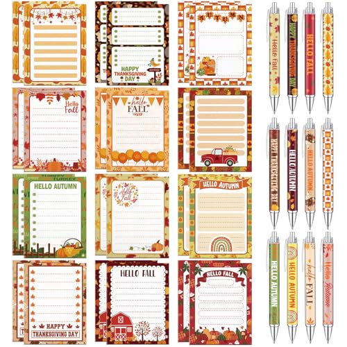 Eaasty 48 Pcs Fall Party Favors Autumn Thanksgiving Notepad with Pens Set 24 Pumpkin Notebook 24 Maple Leaf Ballpoint Pen Fall Thanksgiving Gifts Bulk for Student Classroom Office Stationery Supplies