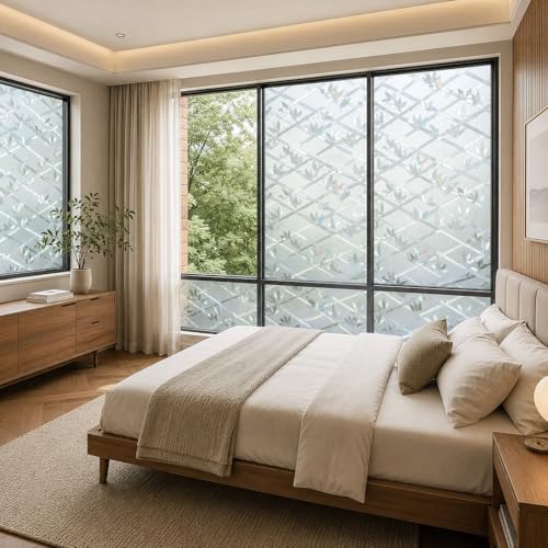 Image of CVANU Leaves & Bamboo Frosted Privacy Window Film, Self Adhesive Waterproof Vinyl Sticker for Glass Doors, Windows, Bathroom & Office Use (12 x 36 Inch)