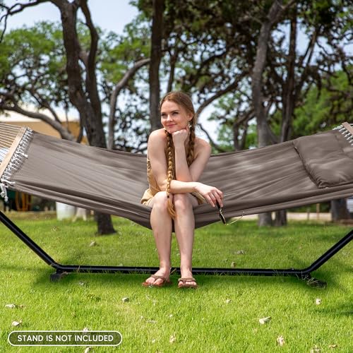 Image of SUNCREAT Double Quilted Hammock with Hardwood Spreader Bar, Extra Large Soft Pillow, Heavy Duty 2 Person Hammock for Indoor, Outdoor, Brown