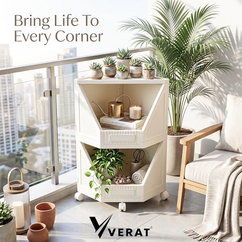 Image of VERAT 2 Tier Plastic Corner Storage Cabinet Foldable Cupboard with Layer Locking System Multipurpose Storage Organizer Rack for Clothes Books Toys and Home Decor White (Off White)