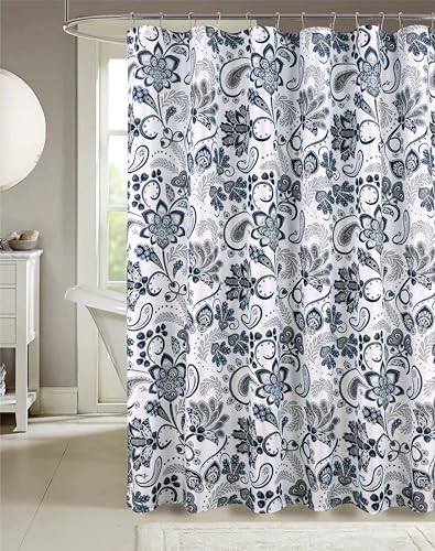 Serafina Home Hotel Quality Navy Gray Grey Fabric Bathroom Shower Curtain: Paisley Floral Leaf Damask Design on White (72 x 70 inches)