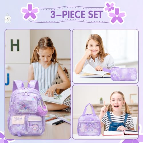 Lovely Girls Backpack School Bag for Students Kids Book Bag with Multiple Pockets Splash-proof Children's Backpack（17inch Set Purple） by Alrisg - Used condition - Image 7
