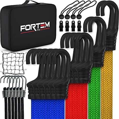 FORTEM Bungee Cords with Hooks, 30pc Bungie Cords Multi Pack, Canopy Ties, Tarp Clips, Ball Bungees, Plastic Coated Metal Hooks, Cargo Net, Heavy Duty Cover