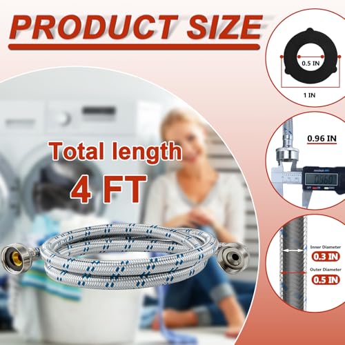 【UPGRADE】4FT Washing Machine Hoses with 90 Degree Elbow Premium Stainless Steel Burst Proof (cost-effective 2 pack) Red and Blue Striped Water Connection Inlet Supply Lines by Cenipar by Cenipar - Image 4