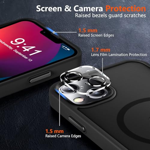 Image of MOCCA Magnetic Shockproof for iPhone 13 Case,Black | 13ft Drop | Compatible with MagSafe | w / Screen & Lens Protectors | Anti-Slip Matte | Raised Camera & Screen Lip | Ultra-Slim