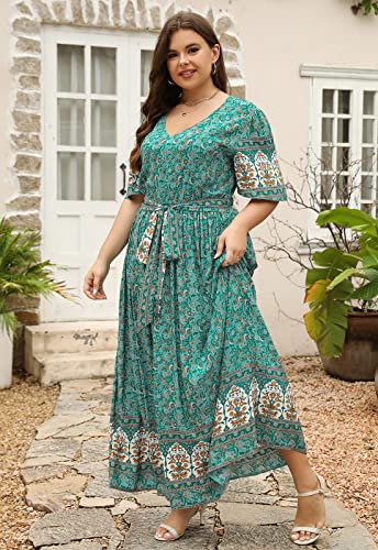 Nemidor Womens Plus Size Boho Floral Positioning Print Casual Flared Maxi Dress with Pocket NEM4223