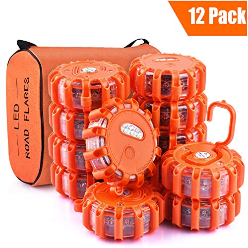 Yandu LED Road Flares (6 Pack) Emergency Beacon Safety Flare Flashing Warning Light for Car Truck Boat with Hook and Magnetic Base (Set of 12)