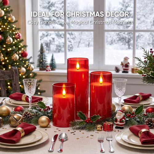 Image of Raycare Battery Operated Flameless Pillar Candles with Remote Timer, Red | LED Acrylic Candle with Warm Ambience for Christmas Celebrations, Valentine's Day Dinners, Romantic Table Settings, Set of 3