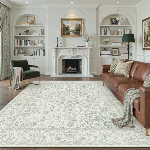 8x10 Green Area Rug Non Slip Large Vintage Living Room Distressed Machine Washable Carpet Traditional Indoor Bedroom Green Retro Floral Accent Throw R