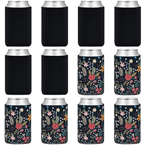 LUCKIPLUS 12 Pack Black and Fancy Colors Beer Can Coolers Neoprene Can Sleeves Sublimation Collapsible Insulated Cooler Covers Bulk Cover