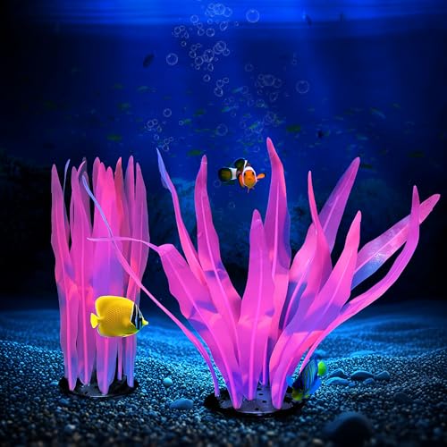 Image of 2PCS Soft Silicone Glowing Fish Tank Decorations, Aquarium Decoration Plants Glow in The Dark, Aquarium Glowing Kelp Plant, Glowing Artificial Ornament Coral for Fish Tank Decor, Pink
