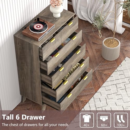 Image of Grey Dresser for Bedroom with 6 Drawer, 46 inch Tall Fluted Wooden Dresser Storage Cabinet and Chest of Drawers with Metal Handle, Storage Organizer for Living Room, Hallway, Entryway, Gray