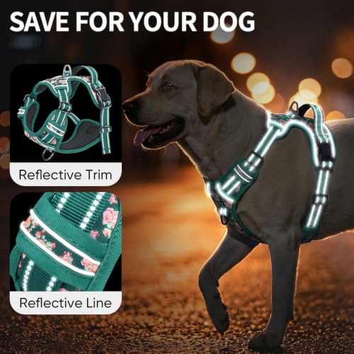 Image of HEELE Dog Harness, Reflective, No Pull No Choke, Flower Grass Green, S | Front Clip for Small Dog Harness, 2 Metal Rings with Handle, Adjustable, Soft Breathable Padded Pet Vest for Night Walking
