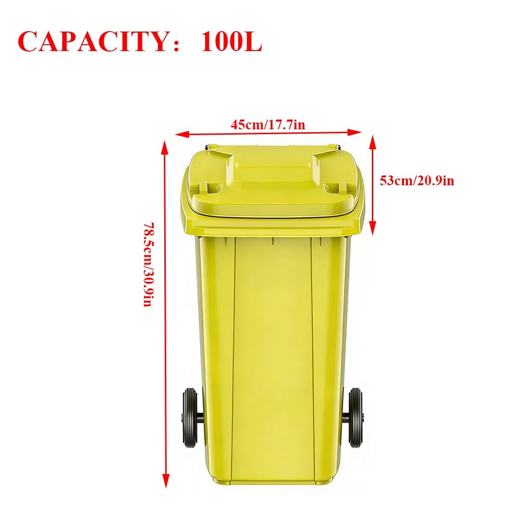 Garbage Cans Trash Cans Rugged Wheels Ergonomic Handle and Lid,for Toughness and Maximum Impact Resistance Perfect for Both Indoor Or Outdoor Use(Yellow,100L)