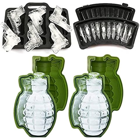 4 PCS 3D Grenade Pistol Bullet Ice Cube Mold For Whiskey Cocktails Beverages Iced Tea & Coffee, Funny Cake Pop Mold Easy Release Cakesicle Molds Silicone Ice Cube Tray Halloween Kitchen Cover