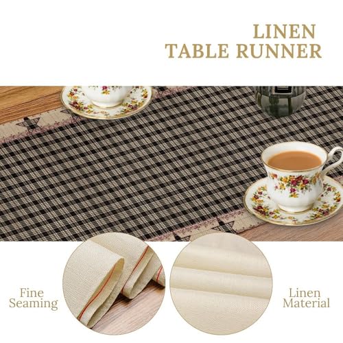 Vintage Beige Black Buffalo Plaid Table Runner, Primitive Classic Check Star Cabin Lodge Country Rustic Farmhouse Table Runner for Kitchen Cafe Dining End Table Sofa Holiday Wedding Decor 13x36in