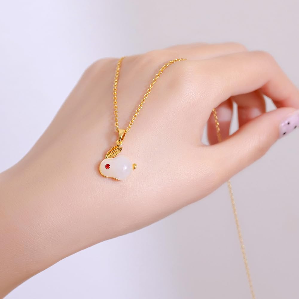 OIDIMS Dainty Rabbit Pendant Necklace for Women Crystal Artificial Jade Cute Bunny Animal Adjustable Choker Chain Necklaces Gold-Tone Plated Delicate Lovely Easter Birthday Holiday Jewelry Gift - Image 5