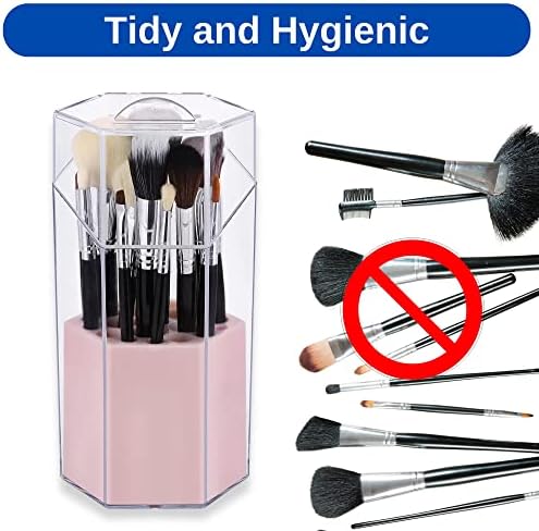 Salarot Makeup Brush Holder with Lid, Acrylic Stylish Dustproof Organiser, Make up Storage Box for Countertop, Bathroom, Vanity, Pink