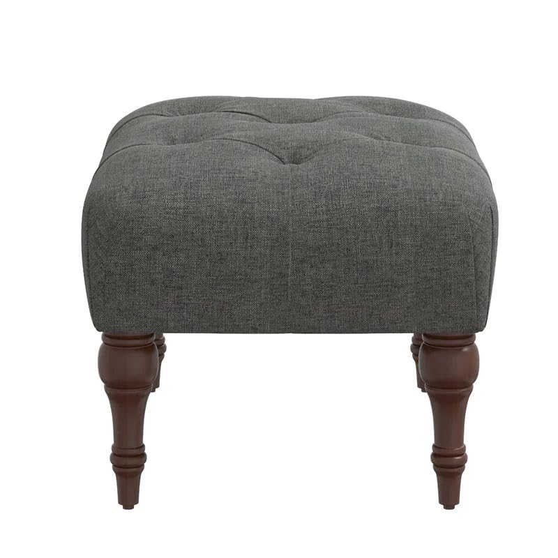 Image of Decorvatsa Tufted Ottoman Bench with Wooden Legs | Upholstered Linen Footstool Seating for Living Room Bedroom Entryway | Compact Accent Bench Stool | Classic Button Tufted Design | Charcoal Grey