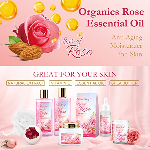 Bath Set for Women, Luxury Home Spa Kit Rose Bath Gift Basket 9Pcs, Includes Shower Gel, Body & Hand Lotion, Bath Salts, Bath Bomb, Spa Candle, Relax Bath Puff and More, Christmas Gift for Her - Thumbnail 2