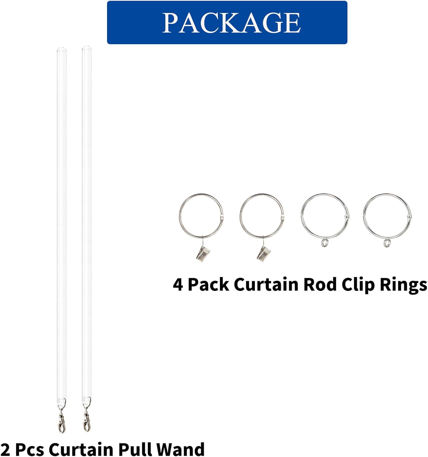 JUYO VONSAN Clear Acrylic Curtain Pull Wand 2 pack 40 inch Drapery Curtain Pull Rod Closer with Rings and Hooks (Clear, 40 inch)