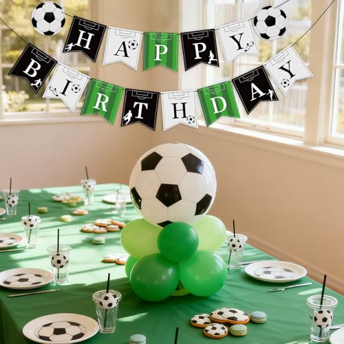 Image of Hooqict Soccer Happy Birthday Banner Birthday Party Decorations Soccer Party Banner Garland Sign for Kids Boys Men Sport Theme Game Day Decorations Supplies