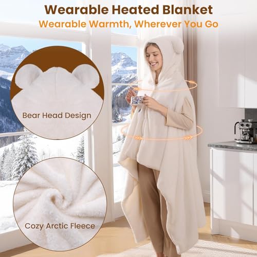 Image of Bearbug Cordless Heated Blanket 50 inch x 70 inch, Portable Wearable Heated Blanket Shawl Hoodie Battery Operated, Car Charger, Dc Adapter, 3 Heating Level, Machine Washable, Beige