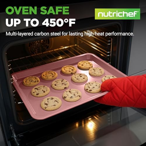 NutriChef 2-Piece Nonstick Cookie Sheets for Baking - Premium Medium & Large Size Baking Sheet Set - Thick Carbon Steel Bakeware Trays - Dishwasher Safe, Rose Gold by NutriChef - Image 2