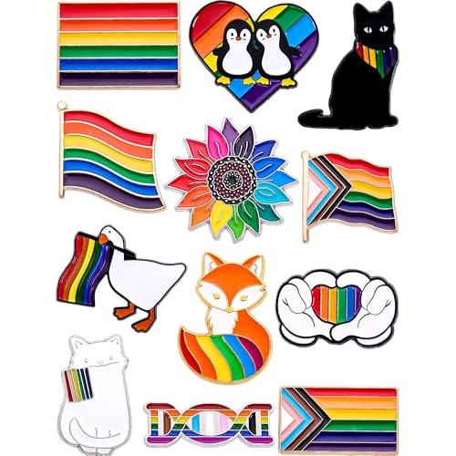 12-Pack Pride Enamel Pins Set with Rainbow Flags Animals and LGBTQ+ Symbols Cute Collectible Metal Lapel Pins for Backpacks Bags Jackets Gifts (Pride-D)