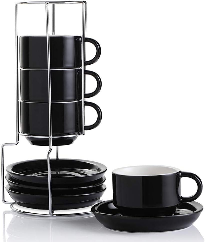 SWEEJAR Porcelain Espresso Cups with Saucers, 4 Ounce Stackable Cappuccino Cups with Metal Stand for Coffee Drinks, Latte, Tea - Set of 4 (Black)
