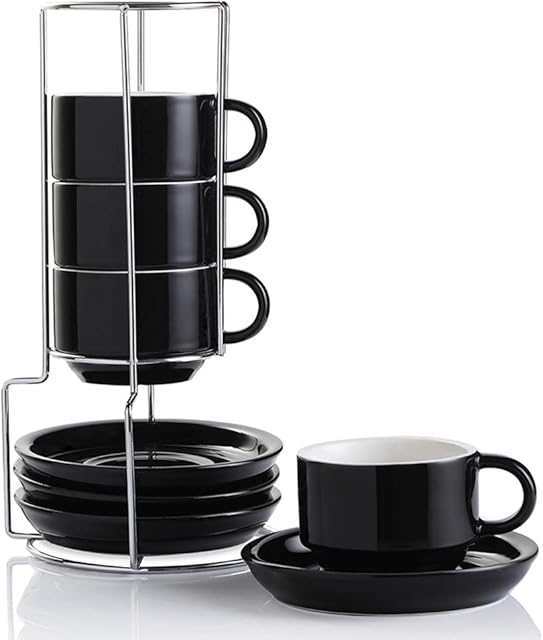 SWEEJAR Home Porcelain Espresso Cups with Saucers, 120 ml Stackable Cappuccino Cups with Metal Stand for Coffee Drinks, Latte, Tea - Set of 4 (Black)