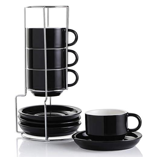 Sweejar Ceramic Espresso Cups with Saucers, 4 Ounce Stackable Cappuccino Cups with Metal Stand for Coffee Drinks, Latte, Tea - Set of 4 (Black)