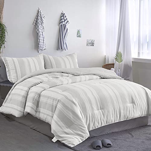 Djoymock Grey Striped Comforter Set King Size 3 Pieces Cationic Dyeing Stripes Comforter Soft Microfiber Down Alternative Bedding Set For All Season 104"X90" #TOP1