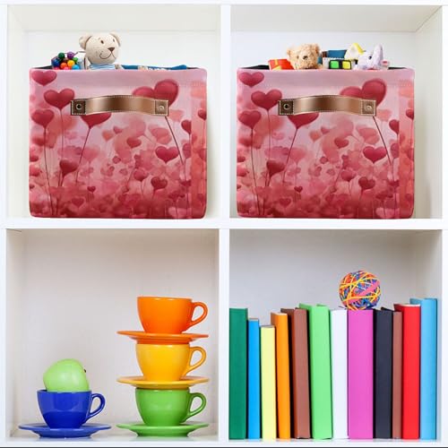 Image of Wamika Happy Valentine's Day Pink Storage Basket with Waterproof Liner and PU Handles Love Trees Heart Flowers Red Storage Boxes 14.2 inch Collapsible Decorative Baskets for Bedroom Closet Office 1 Pack