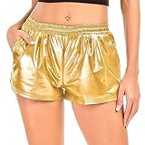 JINKAIJIA Women's Metallic Shiny Shorts Sparkly Rave Hot Outfit Elastic Short Pants (as1, Alpha, s, Regular, Regular, Golden)