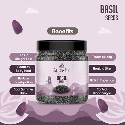 Image of Auravita Premium Raw Sabja Basil Seeds 250 Gram (Pack Of 1) Nutrient-Rich, Pure Basil Seeds For Healthy Drinks, Smoothies, And Recipes