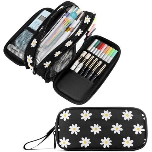 Image of Fustylead Hand Drawn Classic White Daisy Flower Large Pencil Bag Storage Pen Case Makeup Pouch Stationery Bag for School College Office Organizer