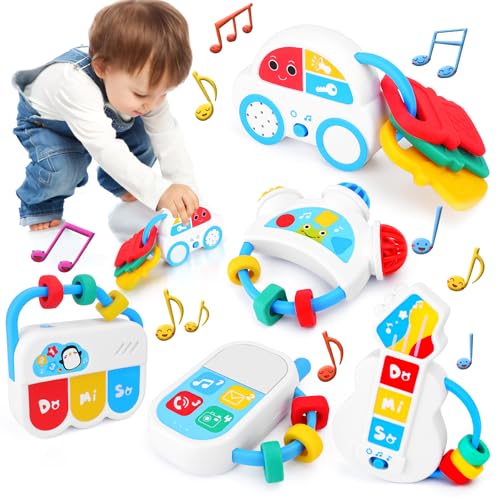 Image of Baby Sensory Toys - 5PCS Baby Rattle Teething Toys Kits with Music, Infant Newborn Montessori Toys for Boys Girls 0-18 Months, Toddler Travel Toys Christmas