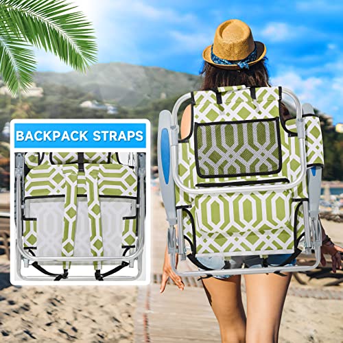 Canpsky Portable Beach Chair For Adults, Outdoor Lightweight Camping Chair Lay Flat Folding Backpack Beach Reclining Chair With 4 Positions, Headrest, Cooler Pouch, Cup Holder, Yellow Green Geometry #TOP6