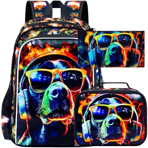 HPJGD 3 peças, mochila infantil resistente à água com lancheira, conjunto de mochila escolar de 43 cm para adolescentes do ensino fundamental – óculos de sol para cães