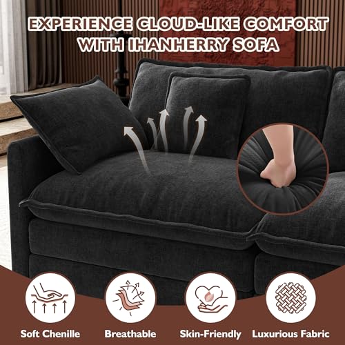 Image of Ihanherry 114 inch V-Shaped Modern Sofa Modular Sectional Cloud Couch with 2 Ottoman, 7-Seat Chenille Deep Seat Sofa with Corner Section for Living Room, Bedroom and Apartment, Black