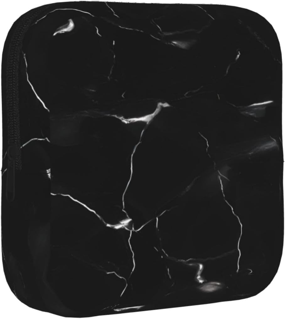 Black Marble Print Women Period Bag Sanitary Pouch Portable Pad Pouch Tampon Holder Small Zipper Pouch Storage Bag