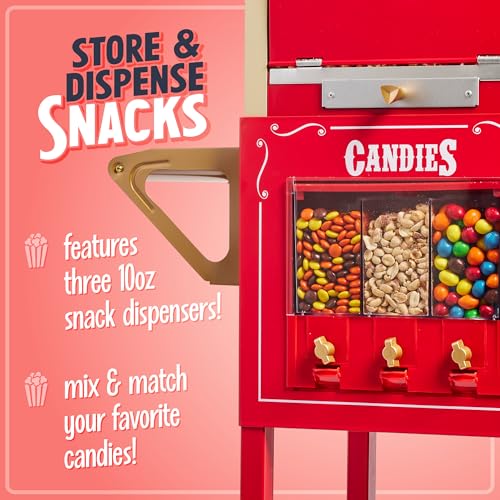 Nostalgia Vintage 8 Ounce Professional Popcorn Cart Makes Up to 32 Cups, Three Storage Candy & Kernel Dispenser Also for Nuts, Chocolate, Measuring Spoons and Scoop Included, Red