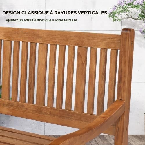 Bonnlo Banc de Jardin en Bois 127cm, Design à Rayures, Banc Extérieur 2-3 Places, Résistant aux Intempéries, Mobile pour Balcon Terrasse Veranda Pergola