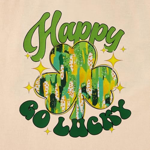 Image of MODNTOGA Kids Girls St Patricks Day Shamrock Graphic T-Shirt Happy Go Lucky Print Shirt Green Clover Short Sleeve Tee Tops (Beige, 8-9 Years)