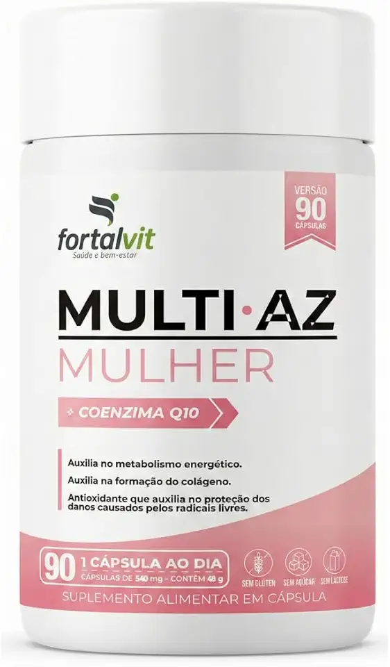 Multi AZ Mulher Com Coenzima Q10 Longa Duração: 3 Meses de Uso, 21 Vitaminas e Minerais Essenciais, 90 Cápsulas, Multivitamínico Feminino, Fortalvit