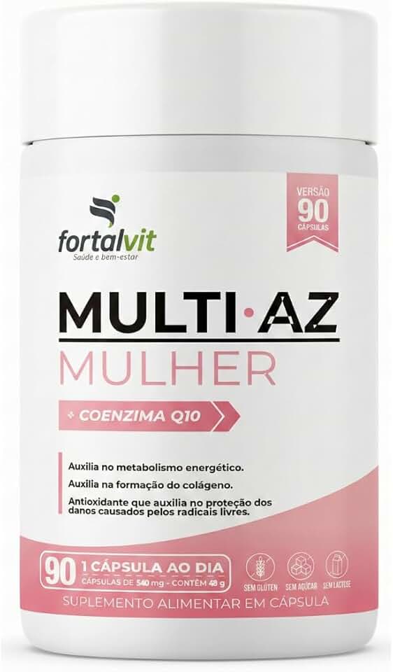 Multi AZ Mulher Com Coenzima Q10 Longa Duração: 3 Meses de Uso, 21 Vitaminas e Minerais Essenciais, 90 Cápsulas, Multivitamínico Feminino, Fortalvit