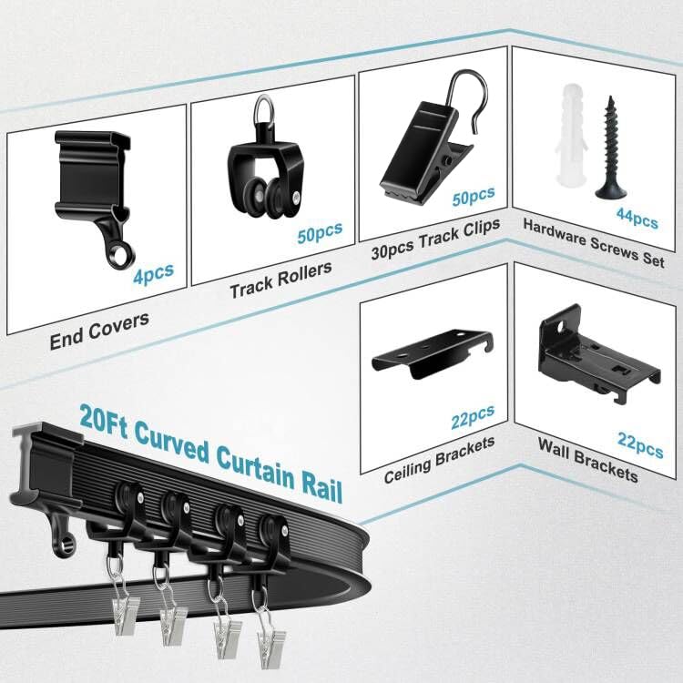 KOLAKO Deckenvorhangschiene, 6 m, flexibel, biegbar, Wandhalterung, schwarz, gebogen, strapazierfähig, Wohnmobil-Schiebevorhangschienensystem, Raumteiler, Deckenschiene für Vorhänge